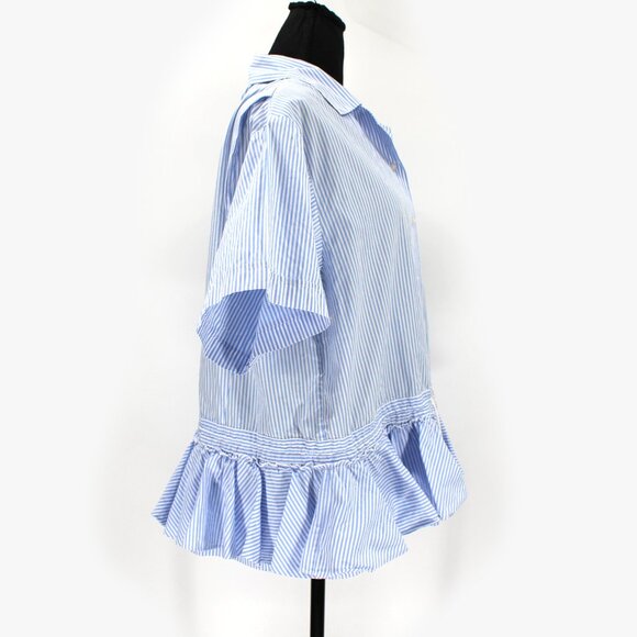 TOME NYC Blue White Pinstripe Drawstring Ruffle Hem Short Sleeve Top 12 Shirt - Picture 2 of 7